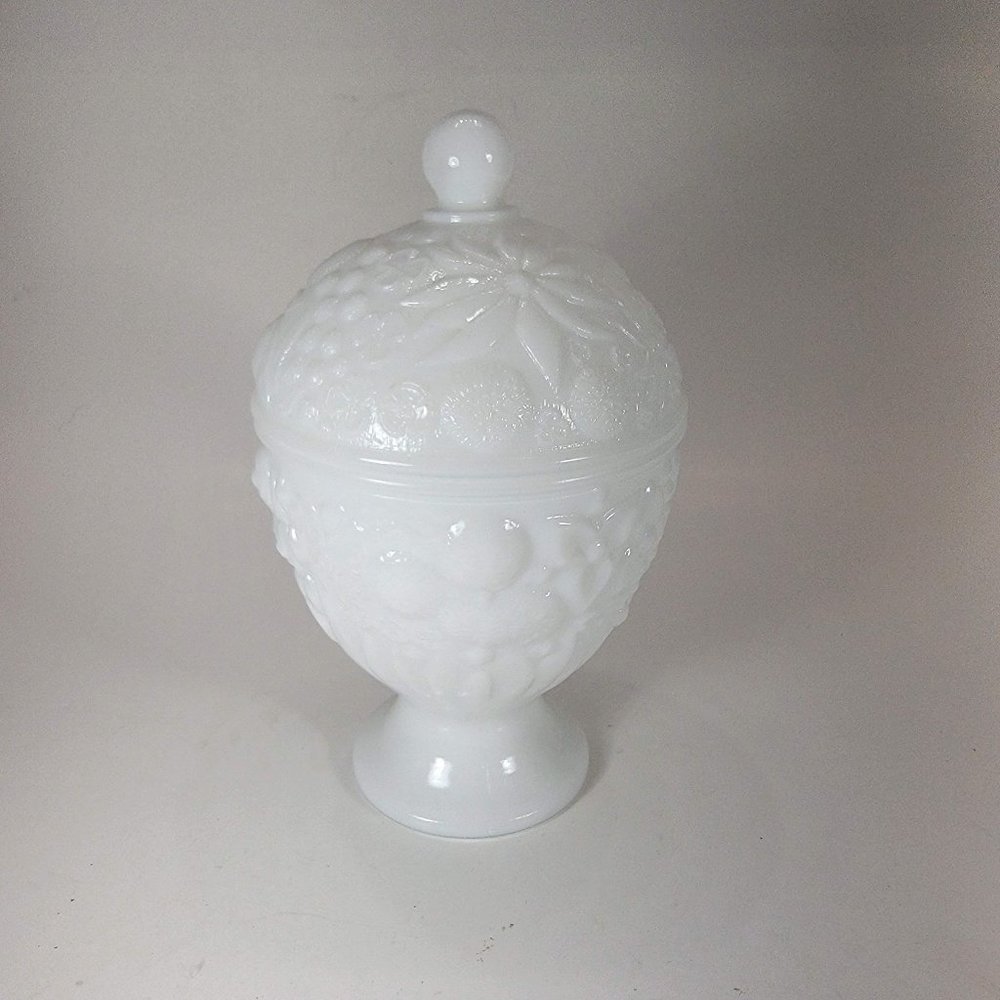 Vintage Avon Milk Glass Egg Shaped Lidded Jar Compote Jewelry Candy Dish Floral